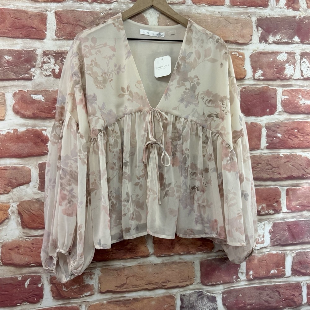Altard State Top Women's Large Cream Cottage Chic Floral Peasant Sleeve Shirt - Picture 2 of 9